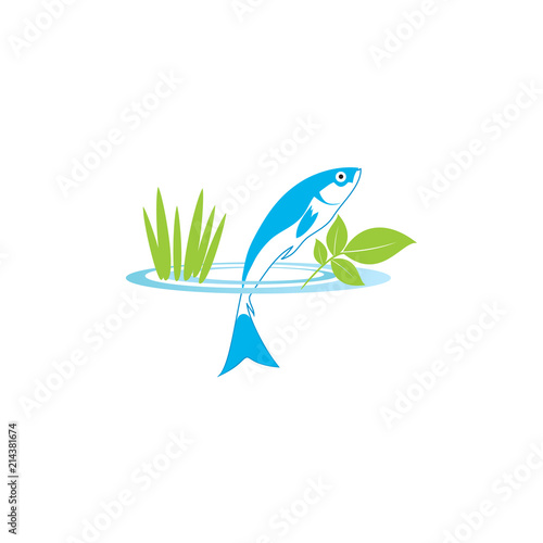 Blue fish in circle. Aquaponics System with Fish icon, logo, sign. Vector.
