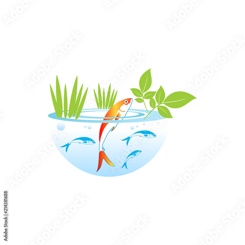 Red fish in blue circle. Aquaponics System with Fish icon, logo, sign. Vector.