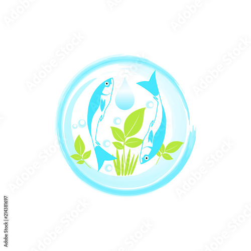 Blue fish in circle. Aquaponics System with Fish icon, logo, sign. Vector.