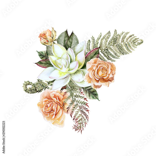 A beautiful watercolor bouquet with rose and succulent.  With leaves and fern.