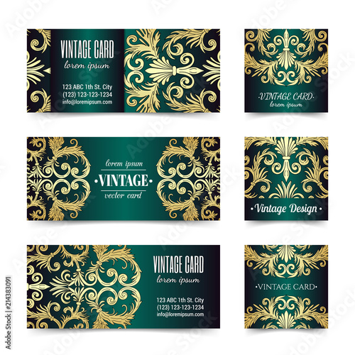 French baroque style elegant ornate visiting cards. Luxurious fashionable gold ornamental flyer design. Vintage fancy ornament decoration. Pathetic retro embellishment. EPS 10 vector brochure template