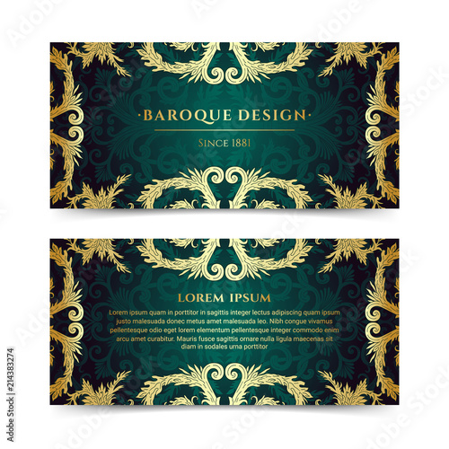 French baroque elegant ornate flyers. Luxurious gold ornamental banner design. Vintage fancy ornament decoration. Pathetic retro embellishment. Silky dark green background. Vector brochure template