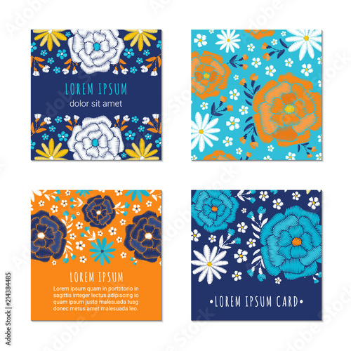 Embroidery vintage style square card set with bright colorful spring flower and leaf pattern. Ethnic ornamental blanks. Rustic design ornament brochures. EPS 10 vector. Clipping masks