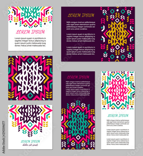 Aztec colorful hand-drawn ornamental card template. American indian leaflet design. Tribal decorative pattern. Ethnic ornate background. Vintage style flyer. EPS 10 vector brochure set.