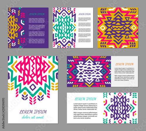 Aztec colorful hand-drawn ornamental card template. American indian leaflet design. Tribal decorative pattern. Ethnic ornate background. Vintage style flyer. EPS 10 vector brochure set.