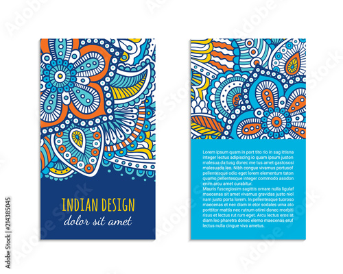 Indian style bright colorful mehendi ornament flyer. Front and back pages. Ornamental vertical blank with ethnic motifs. Paper brochure template. Oriental design concept. EPS 10 vector illustration.