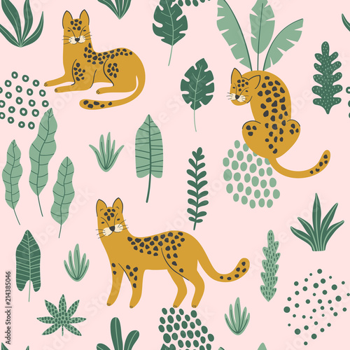 Cute seamless pattern with hand drawn Leopards and tropical leaves. Colorful wallpaper. Vector design template. Good for print, fabric, wrapping paper , etc.