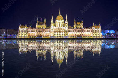 Hungarian Parliament Building at night with reflection in Danube river, Budapest, Hungary