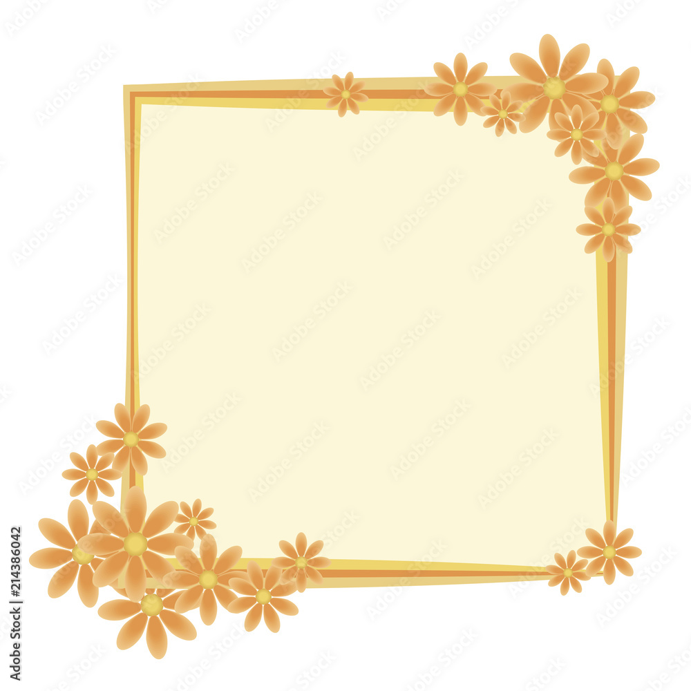 A square frame of orange with a composition of flowers with yellow centers in the corners of an object isolated on a white background. A square frame of orange with a composition of flowers with yellow centers in the corners of an object isolated on a white background.