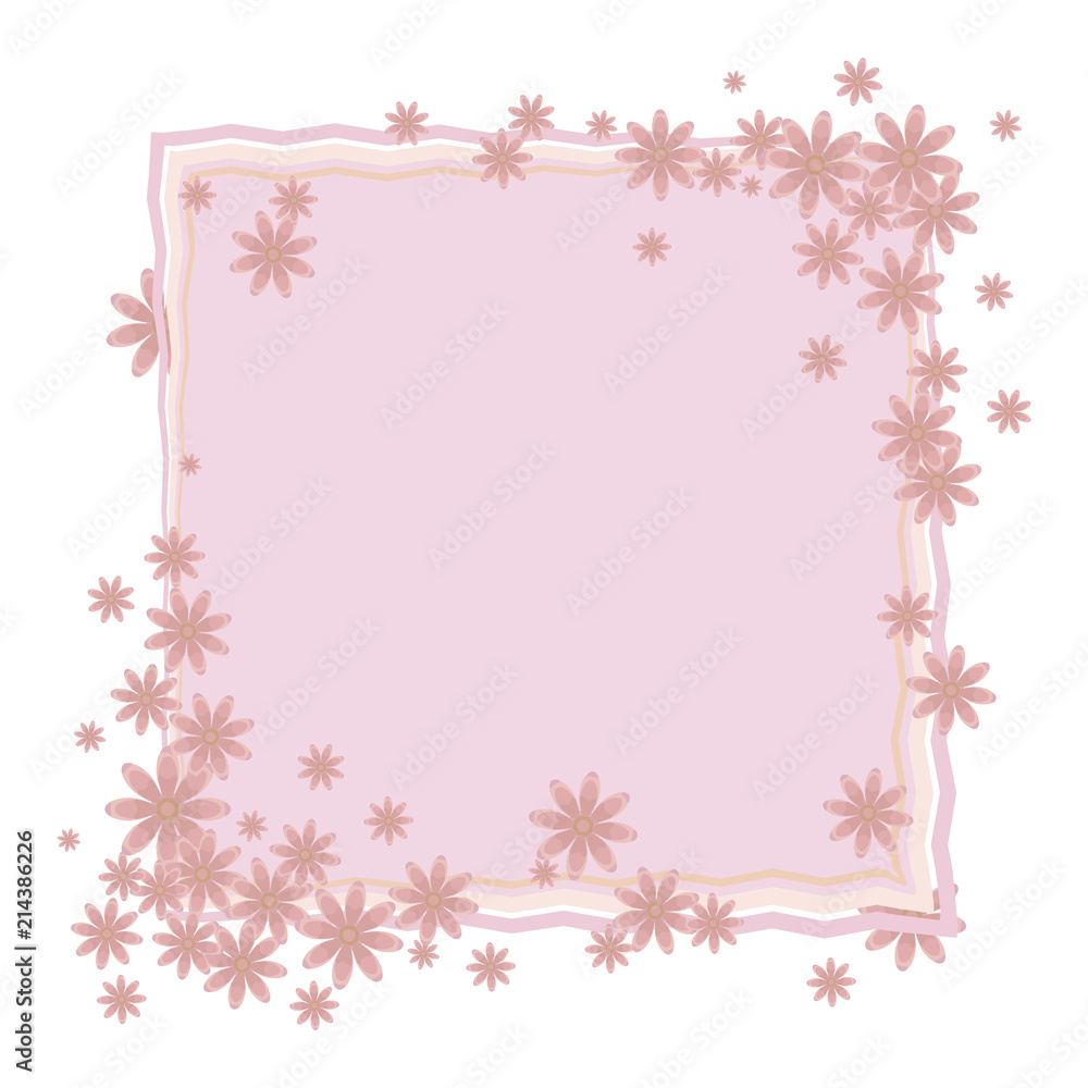 A vector square frame of light pink color with a composition of flowers with yellow centers in the corners of an object isolated on a white background.