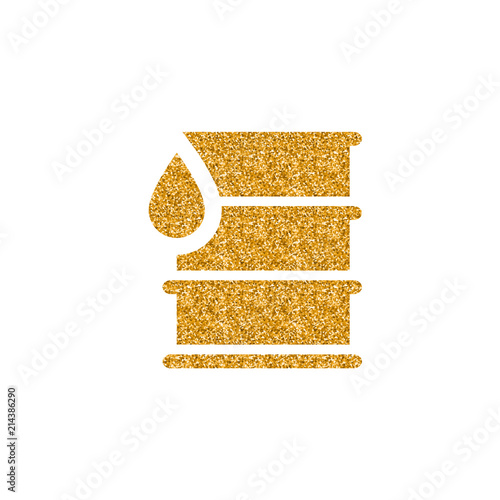 Oil barrel icon in gold glitter texture. Sparkle luxury style vector illustration.