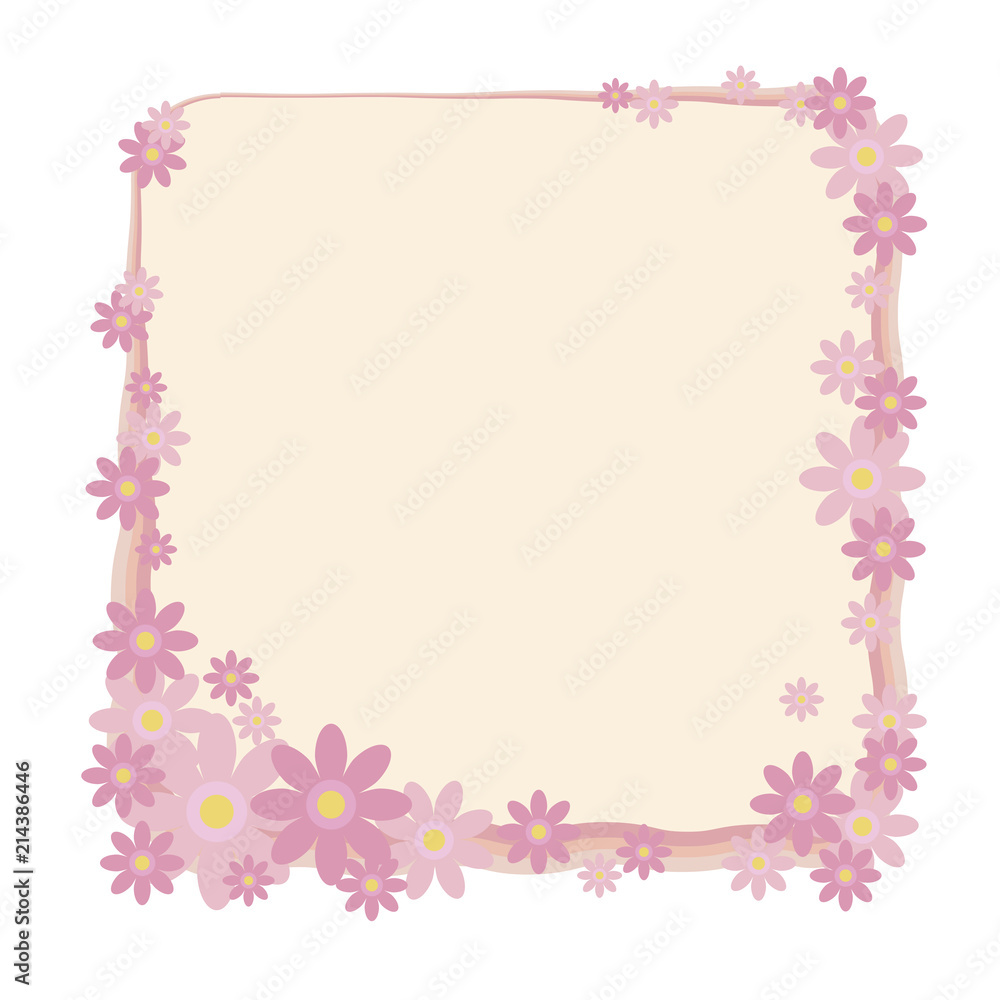 A square frame of pink contour, adorned with a composition of pink flowers with yellow midpoints vector object isolated on white background.