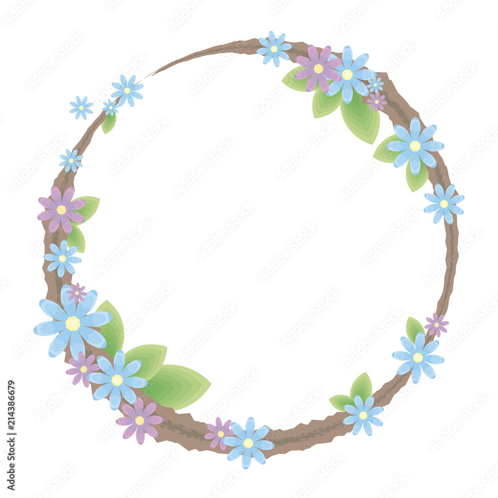 Round frame wreath brown outline with composition of blue, purple flowers and green leaves vector object isolated on white background.