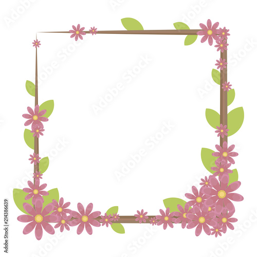 A square frame of a brown outline decorated with a composition of blue flowers with yellow means and green leaves a vector object isolated on a white background.