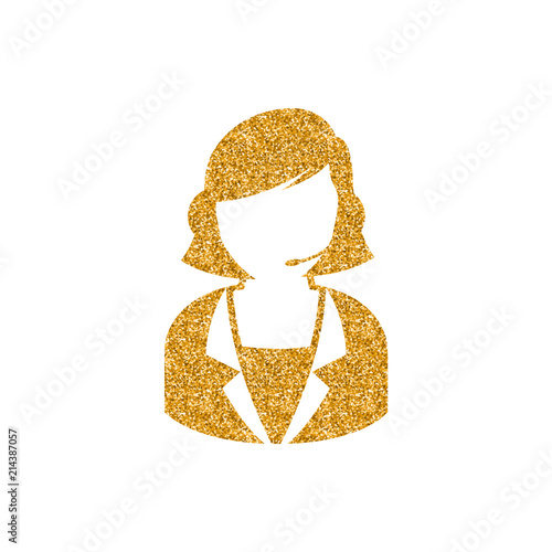 Female receptionist icon in gold glitter texture. Sparkle luxury style vector illustration.