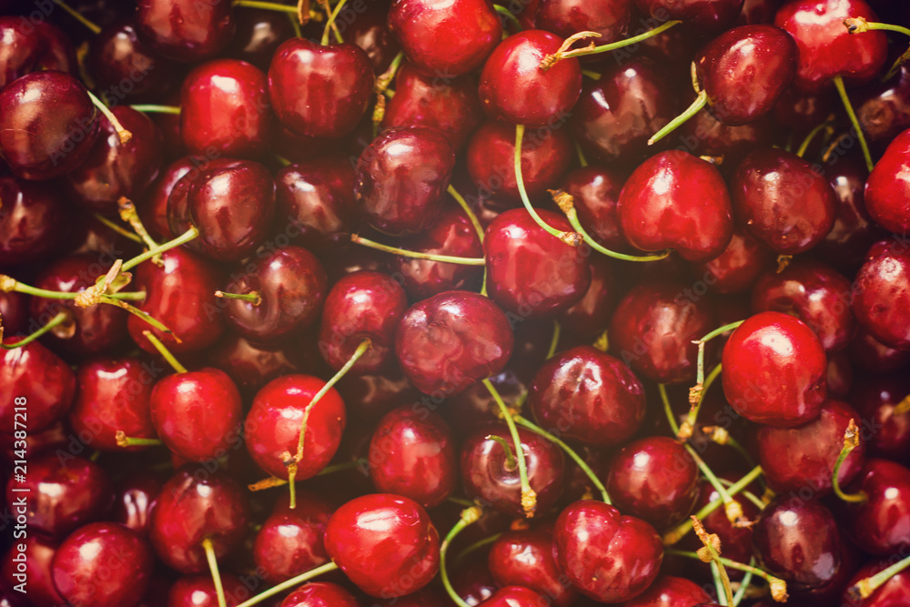 Ripe cherries. View from above. Cherry background. Ripe cherries. View from above. Cherry background.