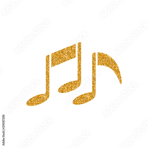 Music notes icon in gold glitter texture. Sparkle luxury style vector illustration.