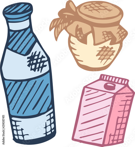 Some products in packages. Bottle, box, jar. Dairy set. Colorful vector illustration