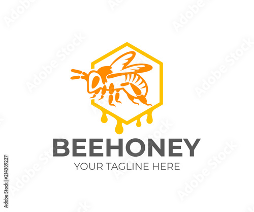 Bee sits in honeycomb and dripping honey drops, logo design. Beekeeping, apiary and agriculture, farming, vector design. House insect, animal world and nature, illustration
