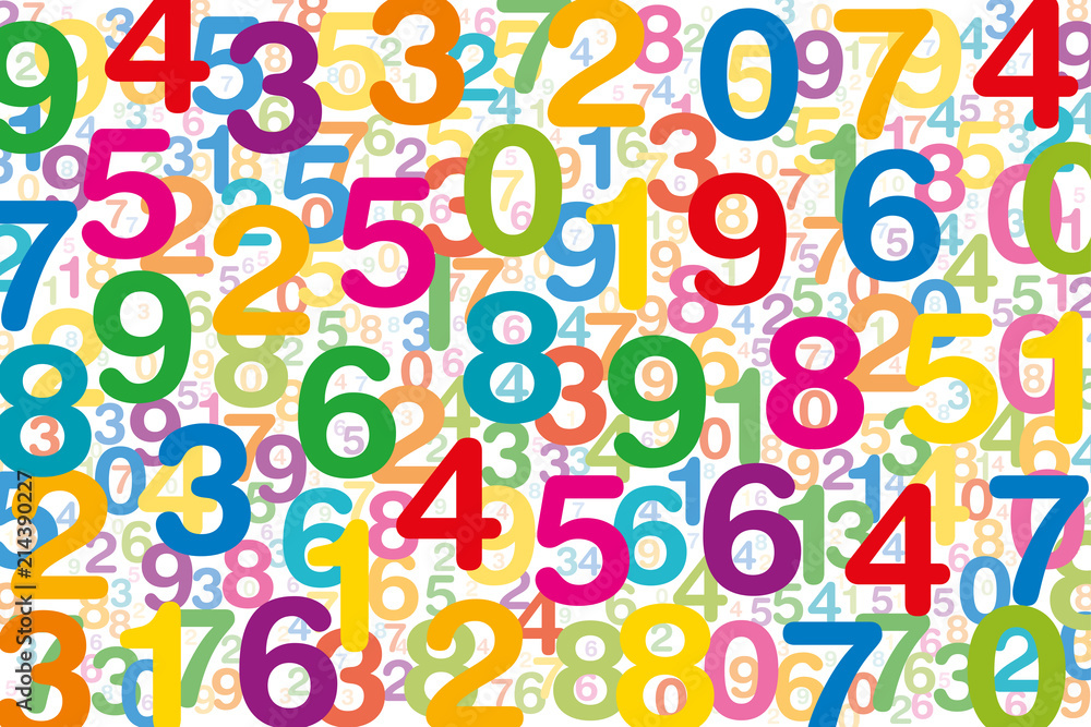 Colored numbers on white background. Randomly distributed overlapping numerals. Symbol for numerology or a flood of data. One to zero disorganized and of different sizes. Isolated illustration. Vector Colored numbers on white background. Randomly distributed overlapping numerals. Symbol for numerology or a flood of data. One to zero disorganized and of different sizes. Isolated illustration. Vector
