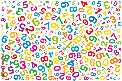 Twisted colored numbers. Randomly distributed numerals. Symbol image for numerology or flood of data. One to zero disorganized of different sizes and angles. Illustration on white background. Vector.