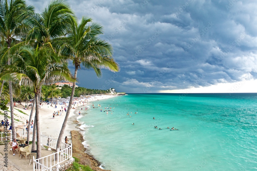 A tropical storm is approaching a touristic hotel beach in Varadero, Cuba