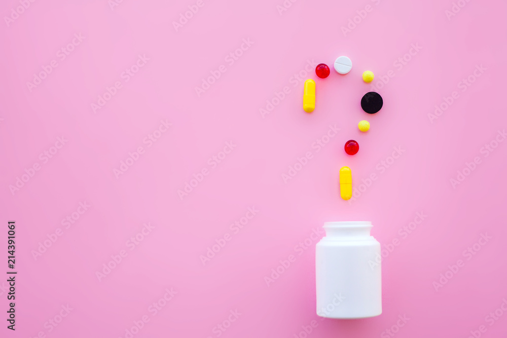 Medical Concept. Colored Pills And Capsule On Pink Background. Pharmacy Theme, Capsule Pills With Medicine Antibiotic in Packages