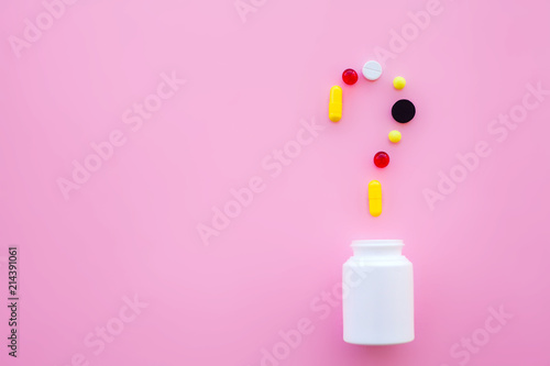 Medical Concept. Colored Pills And Capsule On Pink Background. Pharmacy Theme, Capsule Pills With Medicine Antibiotic in Packages