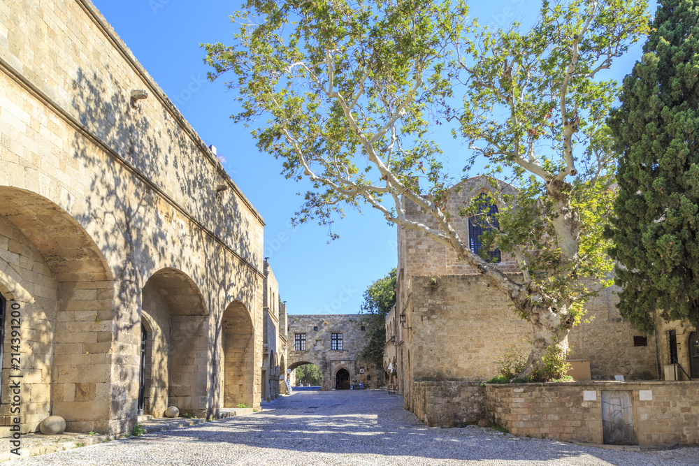 Apellou street view in front of archeological museum in Rhodes town, Dodecanese, Greece