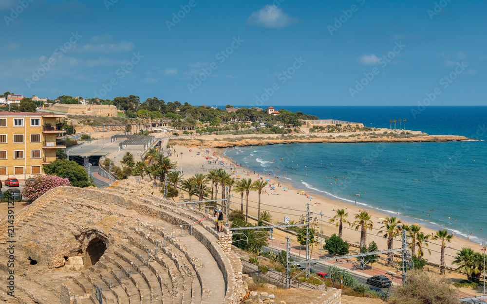 Panoramic view of the ancient roman amphitheater of Tarragona, Spain, next to the Mediterranean sea - UNESCO World Heritage Site