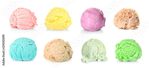Ice cream scoops of different flavors on white background