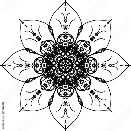 Tender eight petals rosette with striking center mandala in black and white