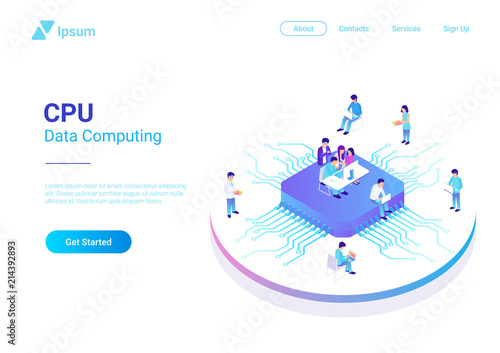 Isometric Flat People Working on CPU GPU Processor Chip vector