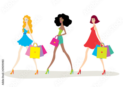Beautiful young women with shopping bags isolated on white background