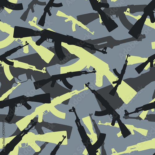 Seamless gray and green assault rifle AK 47 military camouflage pattern vector