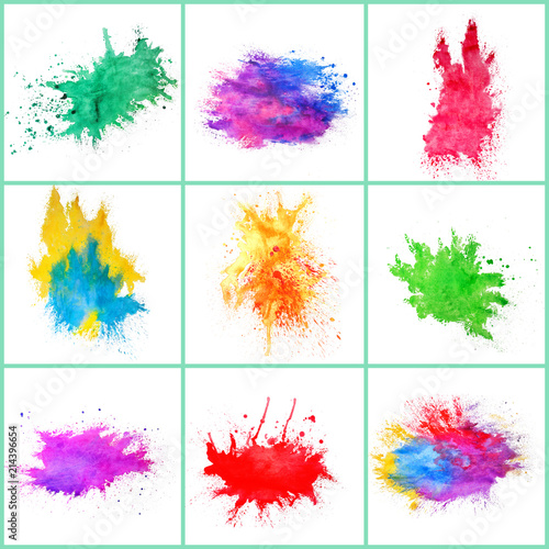 Set of watercolor splashes on white background. Celebration of Holi festival