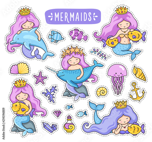 Mermaids, dolphin, narwhal, fish, jellyfish.