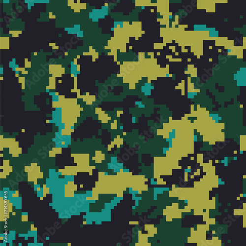 Seamless digital pixel green and blue military fashion camo pattern vector