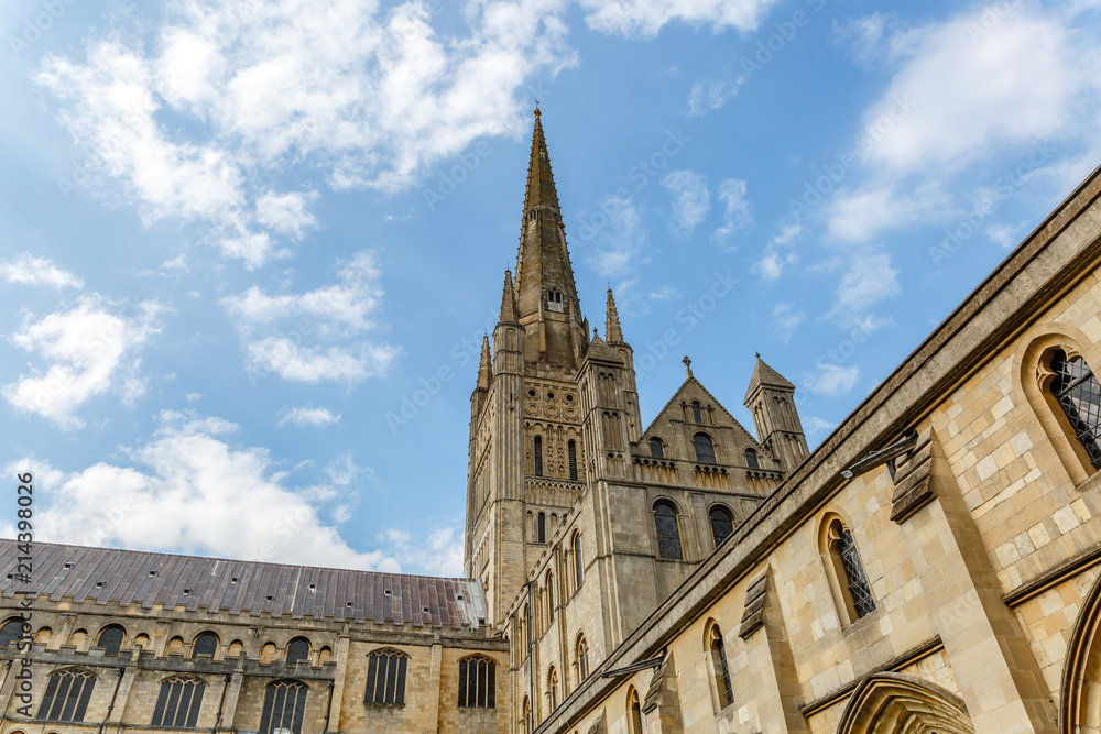 Impressive and famous cathedral with spire tower in the city of Norwich, in Norfolk