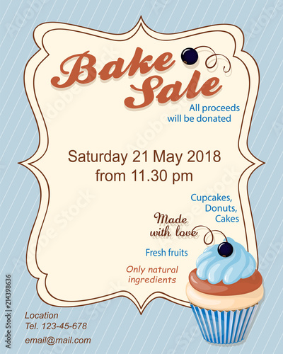 blue  bake sale promotion flyer with blueberry cupcake