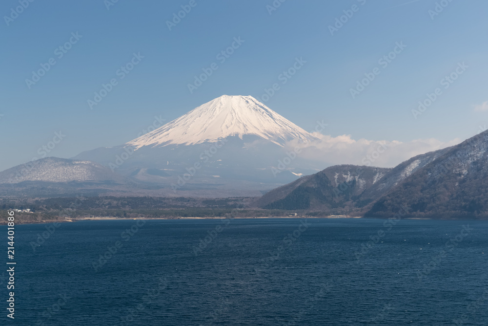 Mt. Fuji and Motosu lake in spring season.