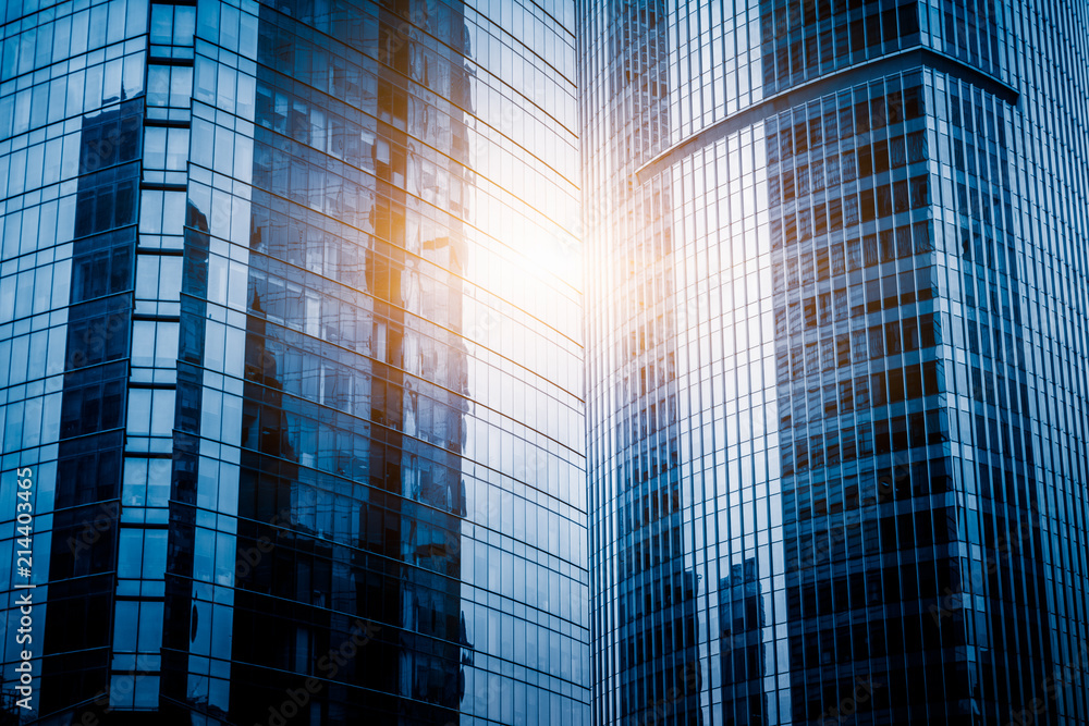 Close-Up of Modern Office Buildings in city of China.