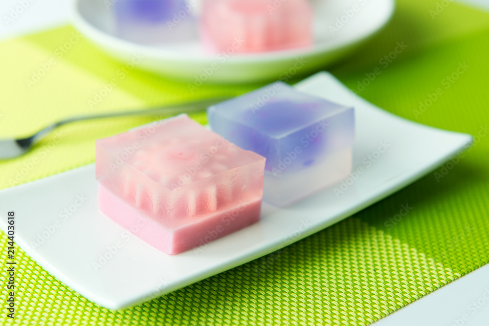 Colorful jelly dessert sweets served in plate Colorful jelly dessert sweets served in plate