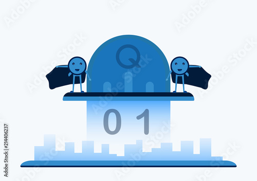 Character design in concept of Quantum Computing. Vector illustration about future technology of computer system for web banner, mascot creator, cover and template.