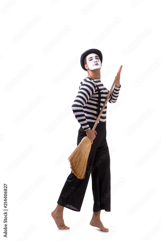 Mime with broom isolated on white background Mime with broom isolated on white background