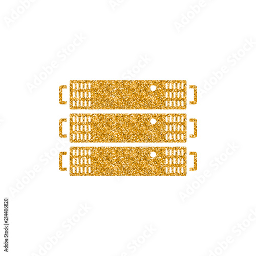 Server rack icon in gold glitter texture. Sparkle luxury style vector illustration.