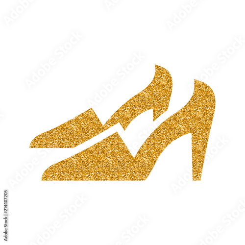 High heels icon in gold glitter texture. Sparkle luxury style vector illustration.