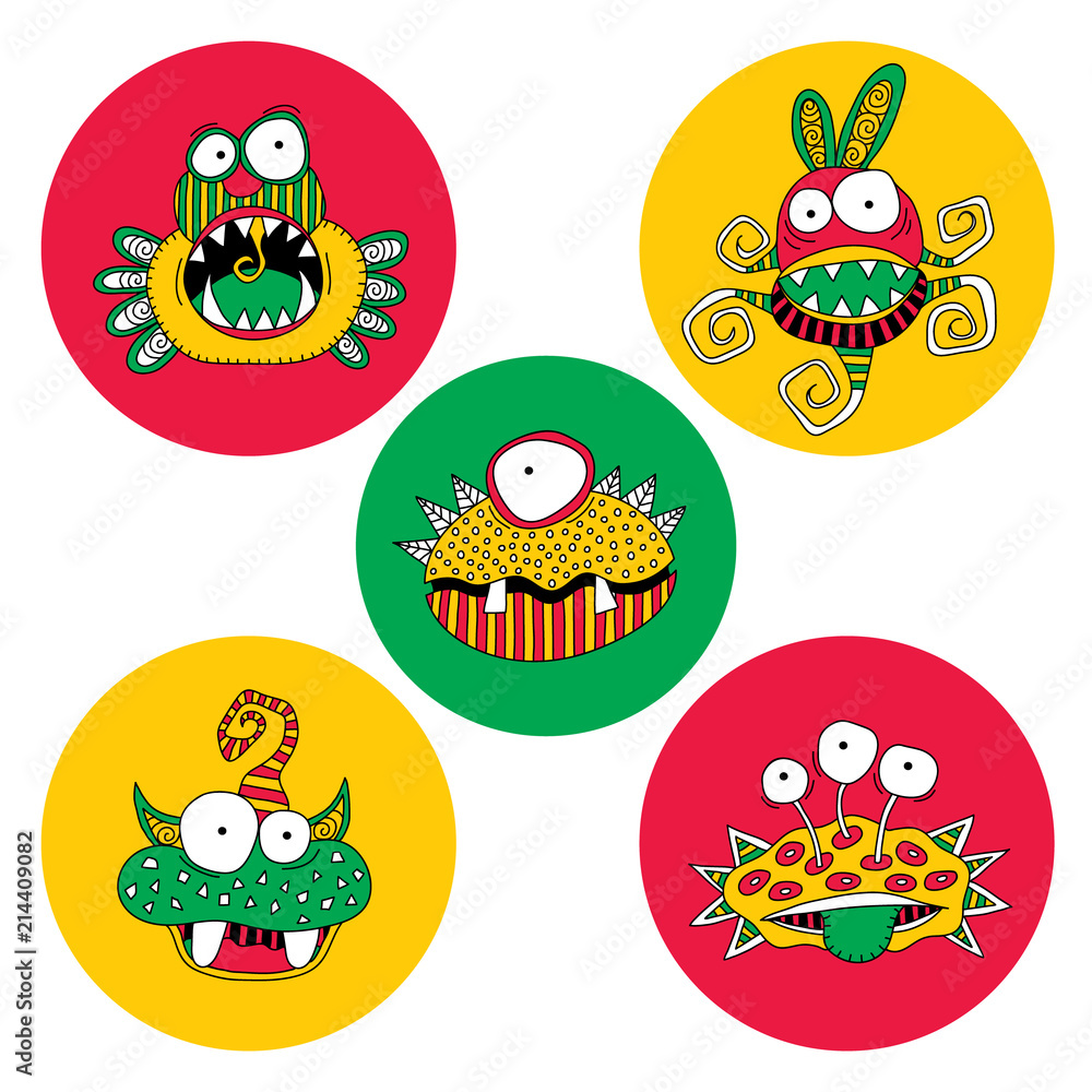 Fototapeta premium Cute doodle monsters and aliens on a bright circle background