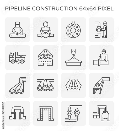 Pipeline construction, maintenance and repair vector icon. By crane, worker, welder and welding work. For transportation or supply crude oil, natural gas, gasoline or petroleum in industrial plant.