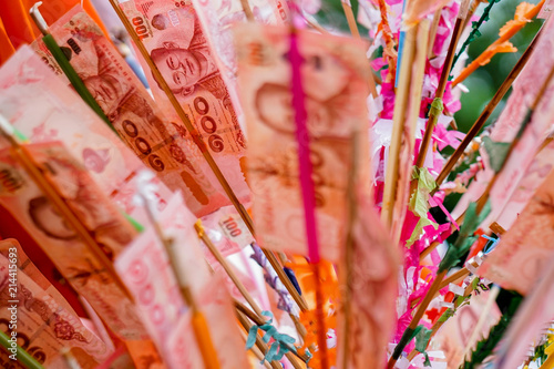 Beautiful design of Thai money for fund raising to offering robes to Buddhist priests at monastery. Donation for developer in temple.